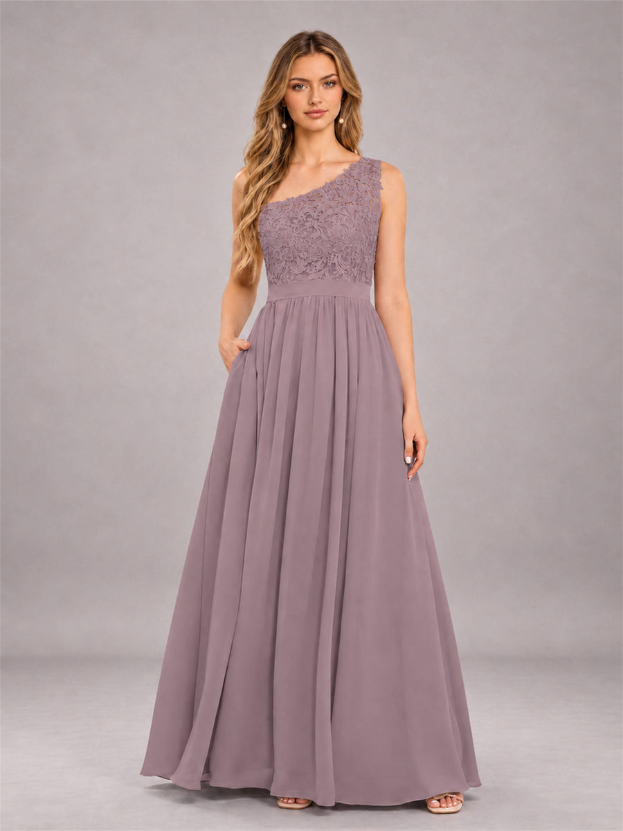 Wisteria Trendy Lace Appliques One Shoulder Chiffon Bridesmaid Dress With Pockets