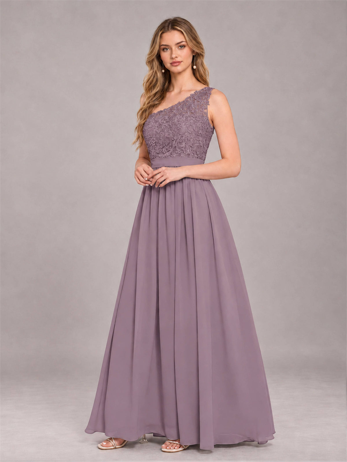 Wisteria Trendy Lace Appliques One Shoulder Chiffon Bridesmaid Dress With Pockets