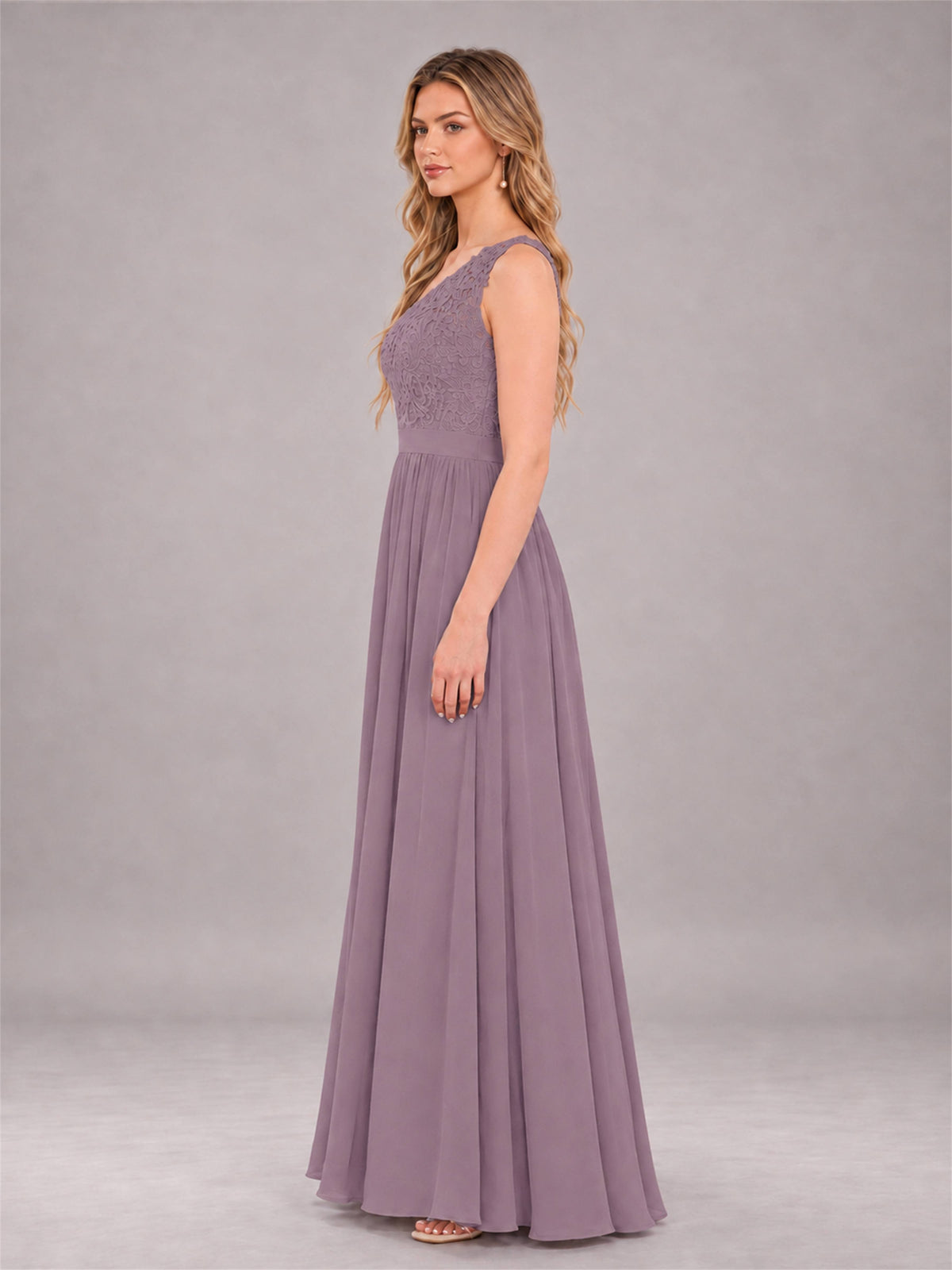 Wisteria Trendy Lace Appliques One Shoulder Chiffon Bridesmaid Dress With Pockets