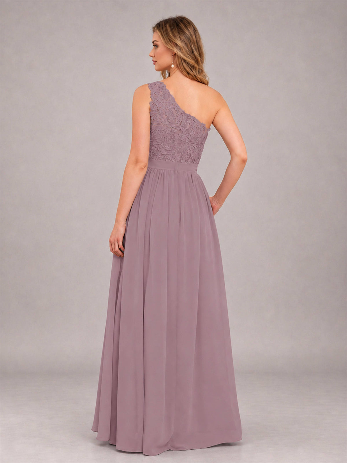 Wisteria Trendy Lace Appliques One Shoulder Chiffon Bridesmaid Dress With Pockets