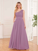 Trendy Lace Appliques One Shoulder Chiffon Bridesmaid Dresses With Pockets