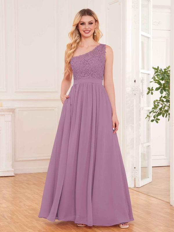 Dusty Purple Trendy Lace Appliques One Shoulder Chiffon Bridesmaid Dresses With Pockets