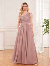 Trendy Lace Appliques One Shoulder Chiffon Bridesmaid Dresses With Pockets