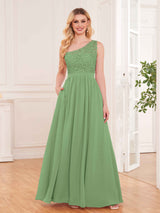 Trendy Lace Appliques One Shoulder Chiffon Bridesmaid Dresses With Pockets