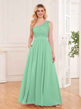 Trendy Lace Appliques One Shoulder Chiffon Bridesmaid Dresses With Pockets