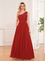 Trendy Lace Appliques One Shoulder Chiffon Bridesmaid Dresses With Pockets