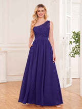 Trendy Lace Appliques One Shoulder Chiffon Bridesmaid Dresses With Pockets