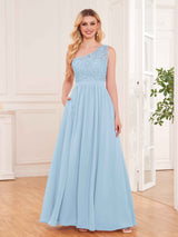 Trendy Lace Appliques One Shoulder Chiffon Bridesmaid Dresses With Pockets