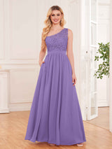 Trendy Lace Appliques One Shoulder Chiffon Bridesmaid Dresses With Pockets