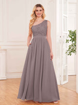 Trendy Lace Appliques One Shoulder Chiffon Bridesmaid Dresses With Pockets