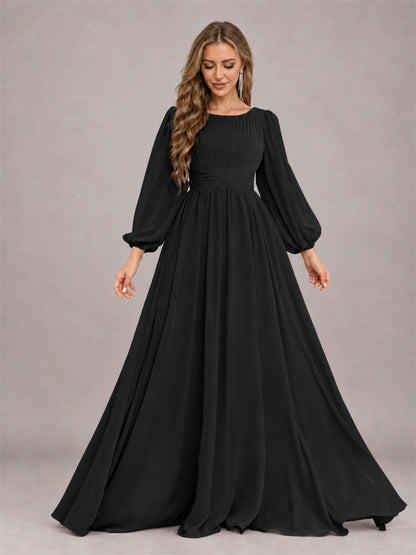 Black Trendy Long Sleeves Ruched Floor Length Chiffon Bridesmaid Dress