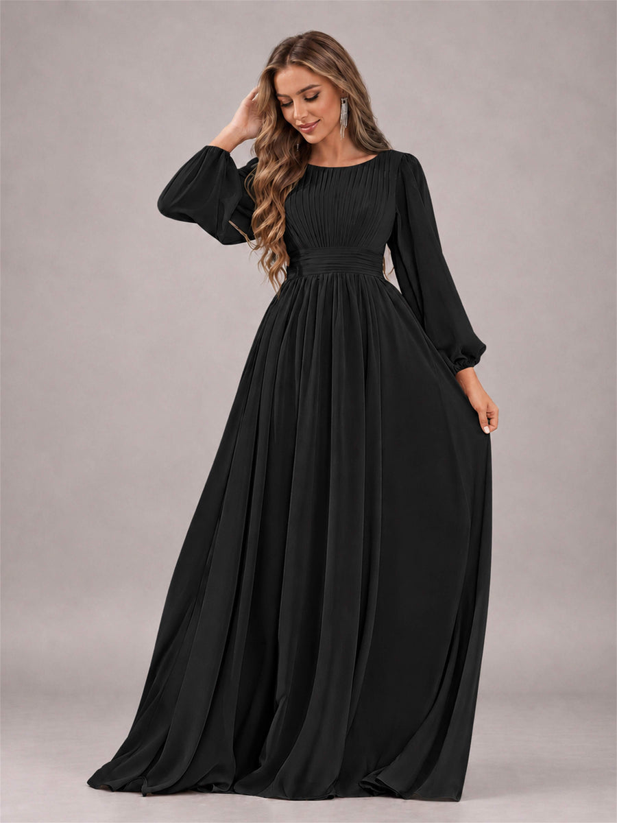 Black Trendy Long Sleeves Ruched Floor Length Chiffon Bridesmaid Dress