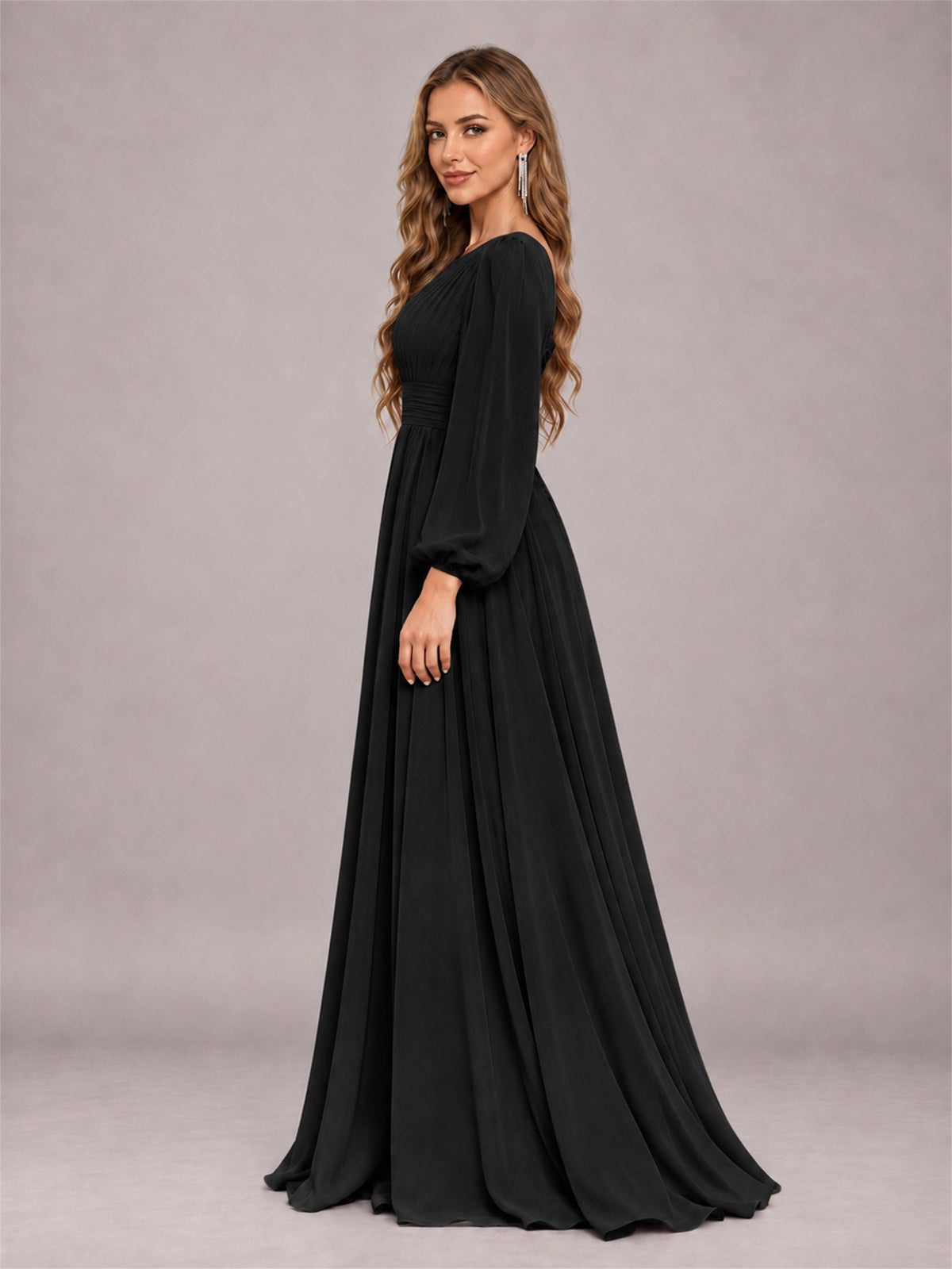 Black Trendy Long Sleeves Ruched Floor Length Chiffon Bridesmaid Dress