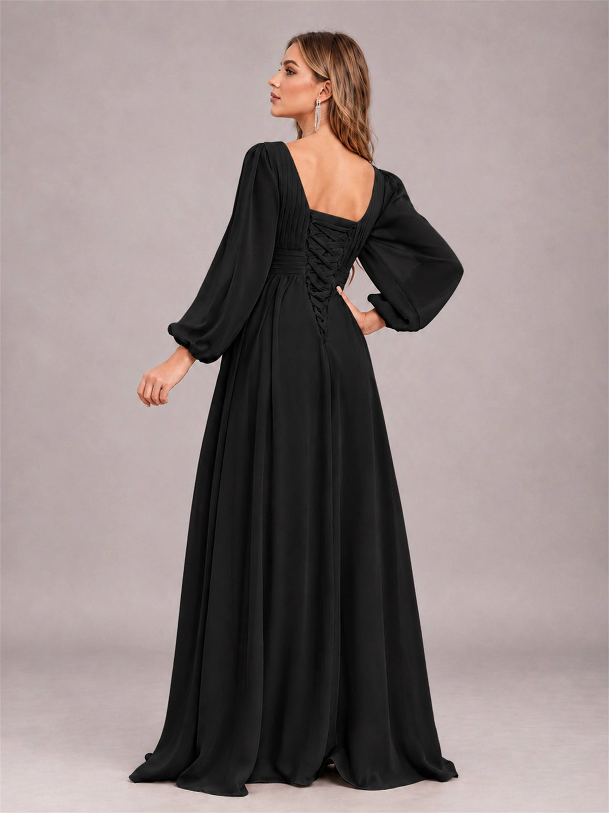 Black Trendy Long Sleeves Ruched Floor Length Chiffon Bridesmaid Dress
