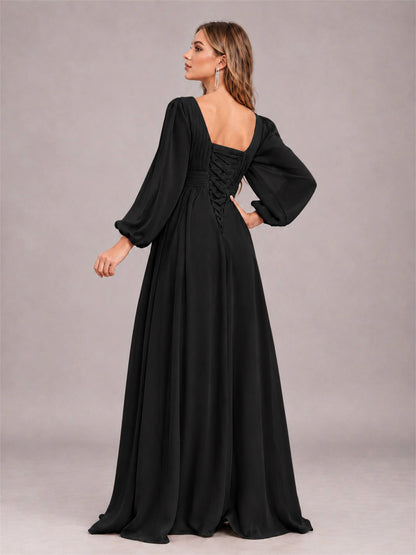 Black Trendy Long Sleeves Ruched Floor Length Chiffon Bridesmaid Dress