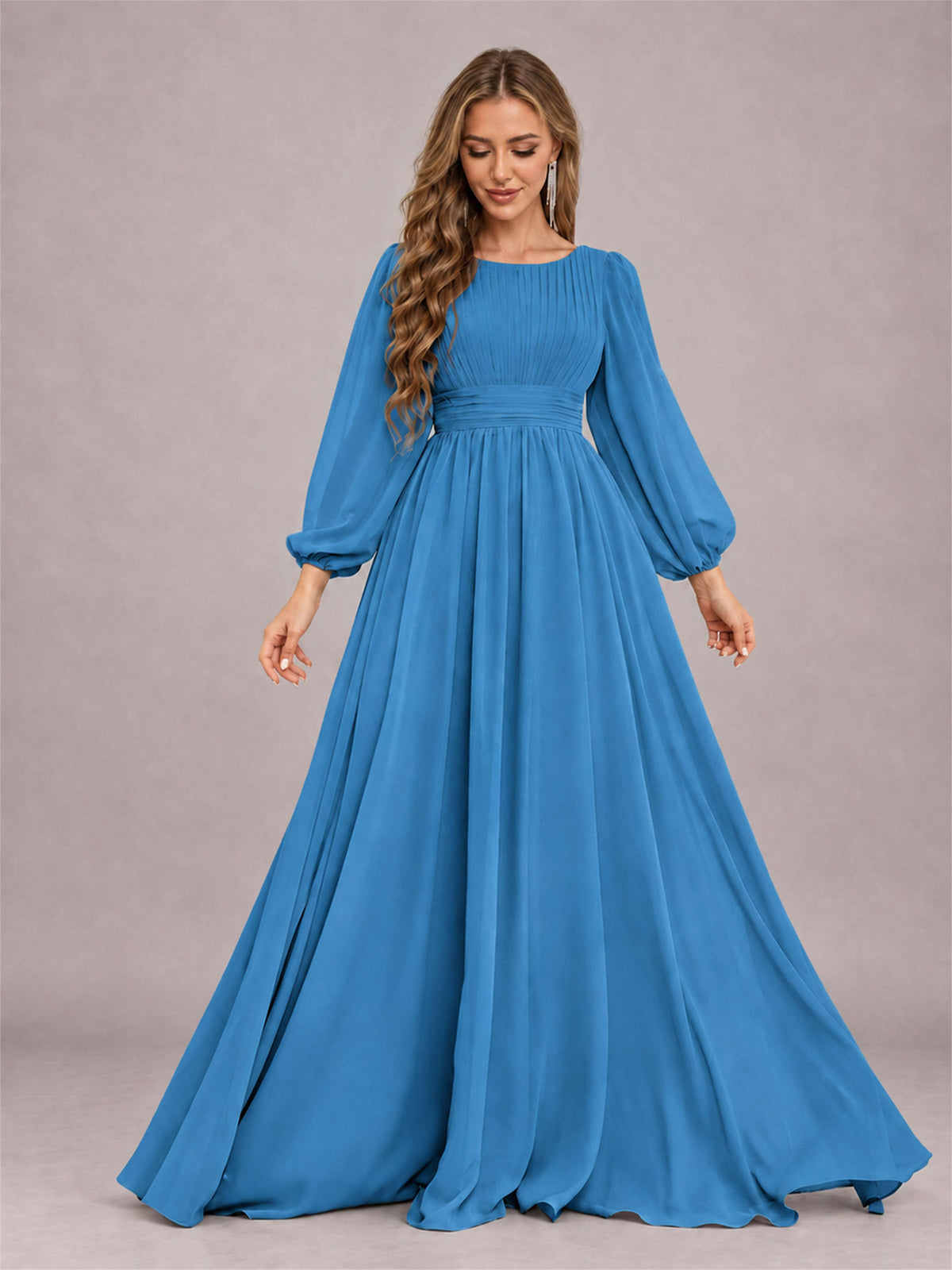 Blue Trendy Long Sleeves Ruched Floor Length Chiffon Bridesmaid Dress