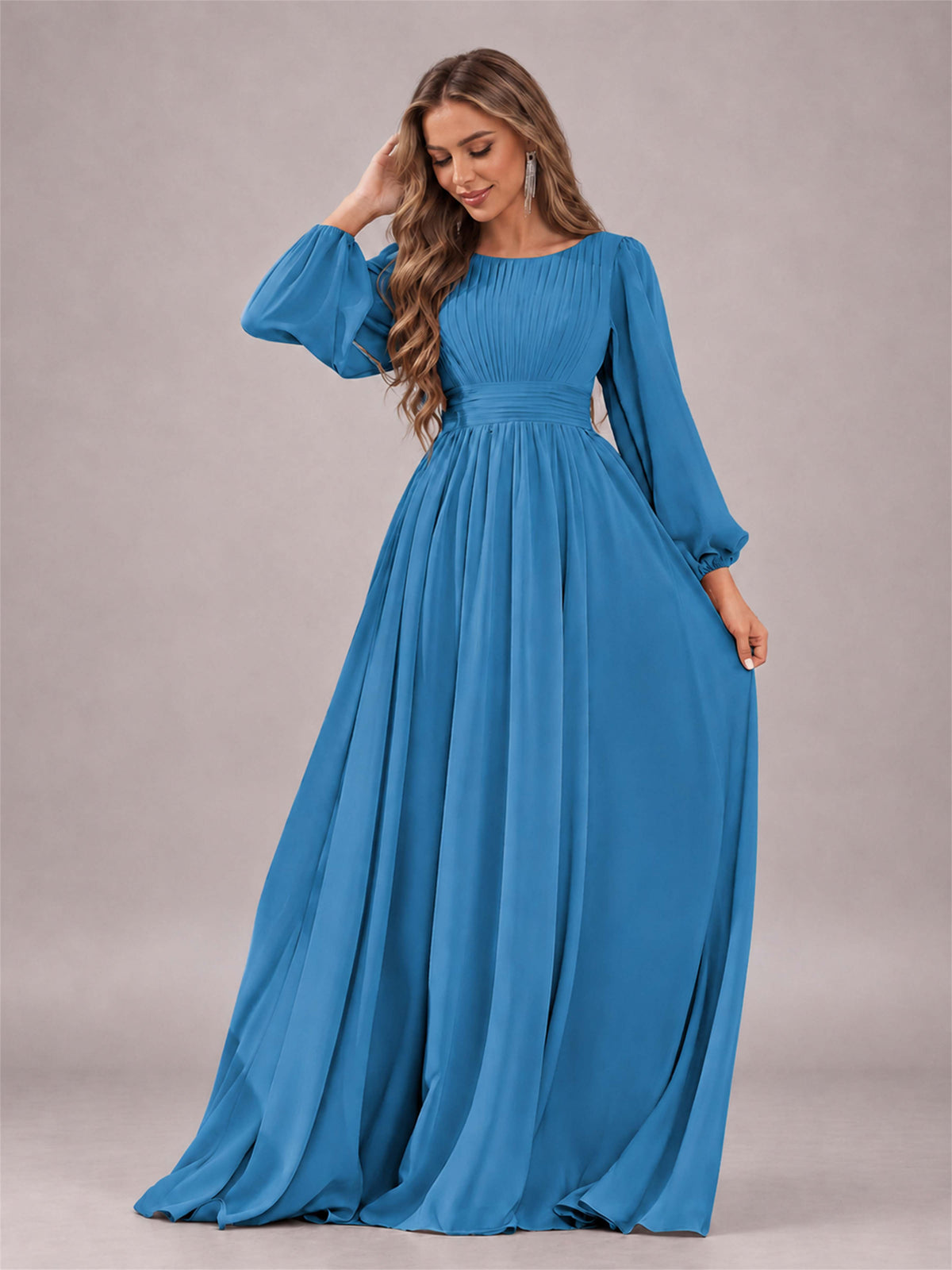 Blue Trendy Long Sleeves Ruched Floor Length Chiffon Bridesmaid Dress