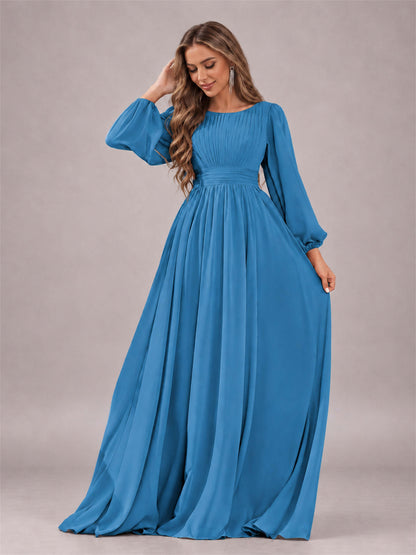 Blue Trendy Long Sleeves Ruched Floor Length Chiffon Bridesmaid Dress