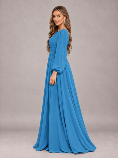 Blue Trendy Long Sleeves Ruched Floor Length Chiffon Bridesmaid Dress