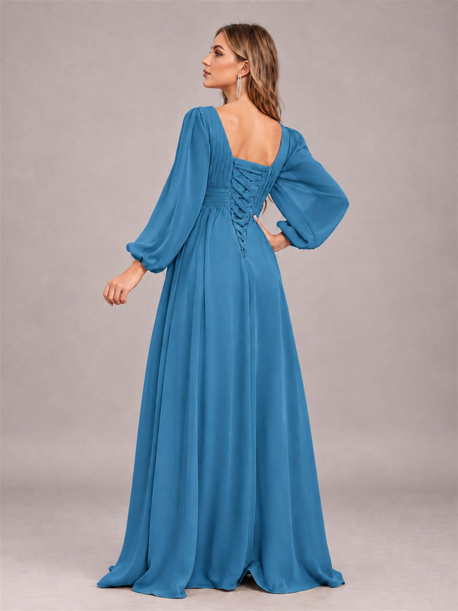 Blue Trendy Long Sleeves Ruched Floor Length Chiffon Bridesmaid Dress