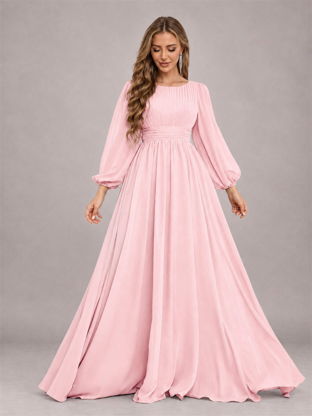 Blush Pink Trendy Long Sleeves Ruched Floor Length Chiffon Bridesmaid Dress