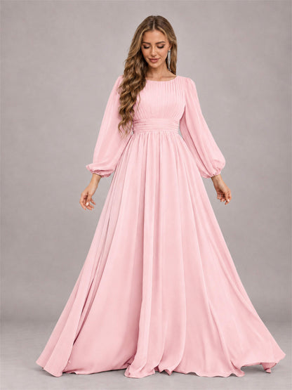 Blush Pink Trendy Long Sleeves Ruched Floor Length Chiffon Bridesmaid Dress
