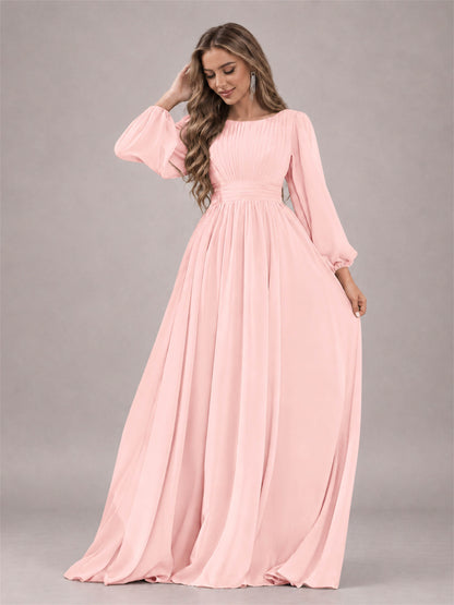 Blush Pink Trendy Long Sleeves Ruched Floor Length Chiffon Bridesmaid Dress
