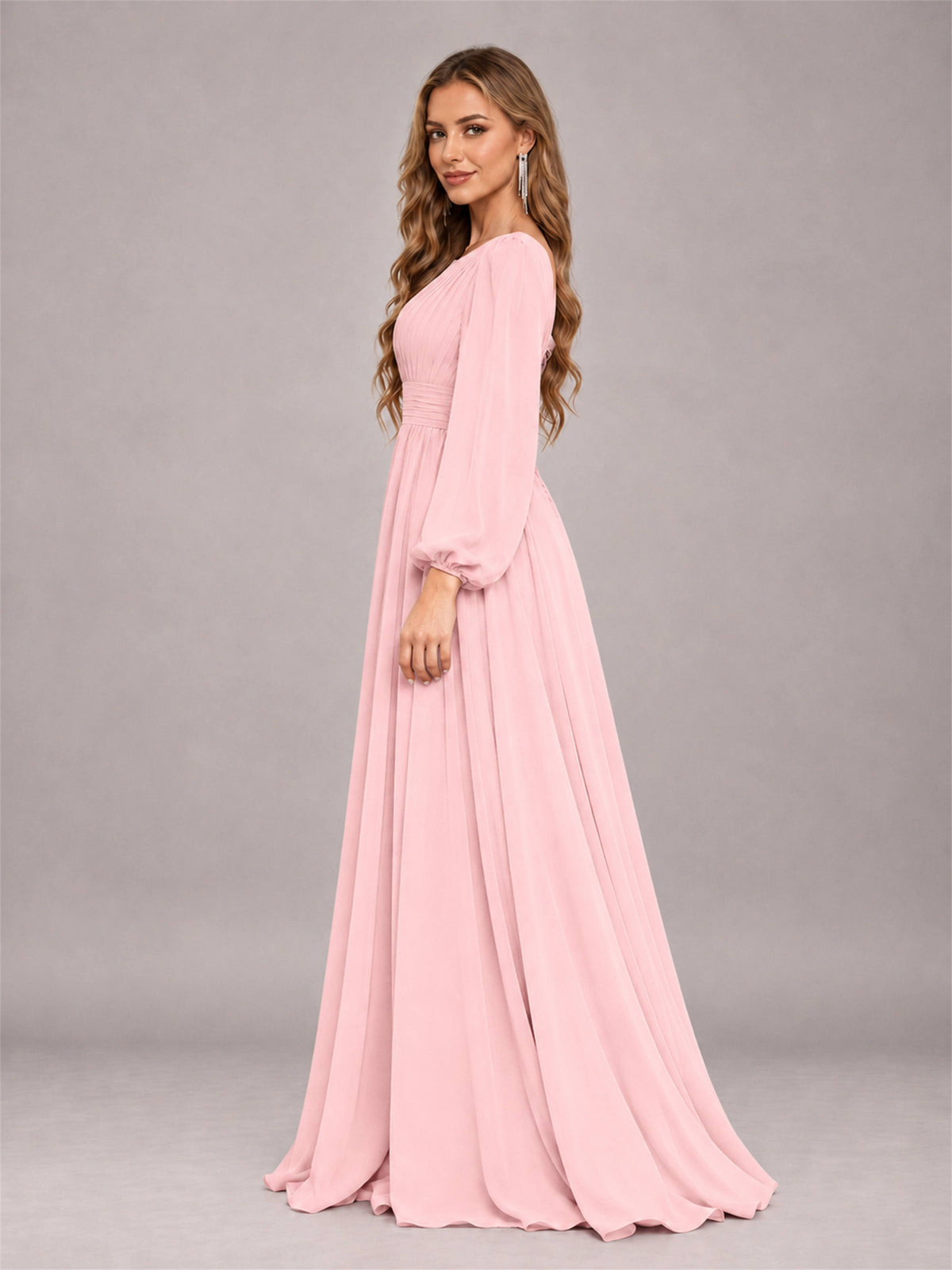 Blush Pink Trendy Long Sleeves Ruched Floor Length Chiffon Bridesmaid Dress