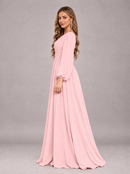 Blush Pink Trendy Long Sleeves Ruched Floor Length Chiffon Bridesmaid Dress
