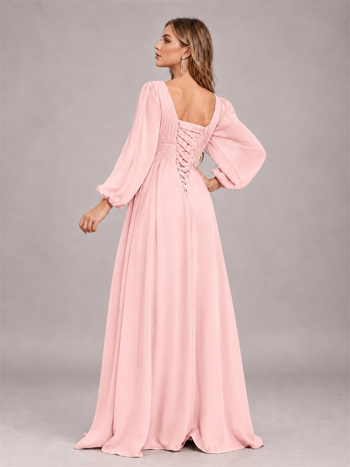 Blush Pink Trendy Long Sleeves Ruched Floor Length Chiffon Bridesmaid Dress