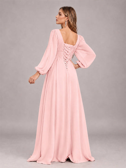 Blush Pink Trendy Long Sleeves Ruched Floor Length Chiffon Bridesmaid Dress
