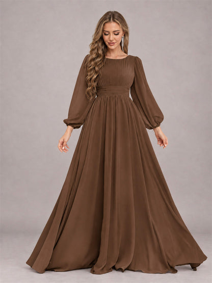 Brown Trendy Long Sleeves Ruched Floor Length Chiffon Bridesmaid Dress