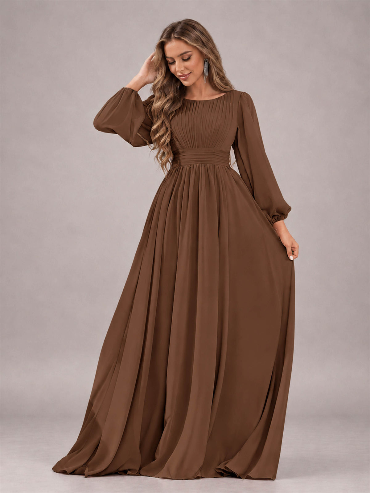 Brown Trendy Long Sleeves Ruched Floor Length Chiffon Bridesmaid Dress