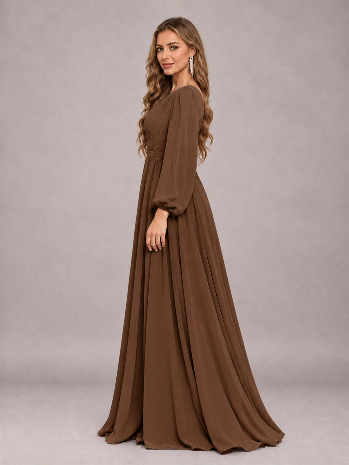 Brown Trendy Long Sleeves Ruched Floor Length Chiffon Bridesmaid Dress