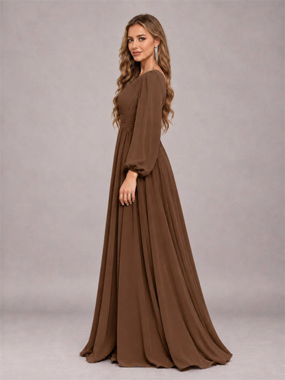 Brown Trendy Long Sleeves Ruched Floor Length Chiffon Bridesmaid Dress