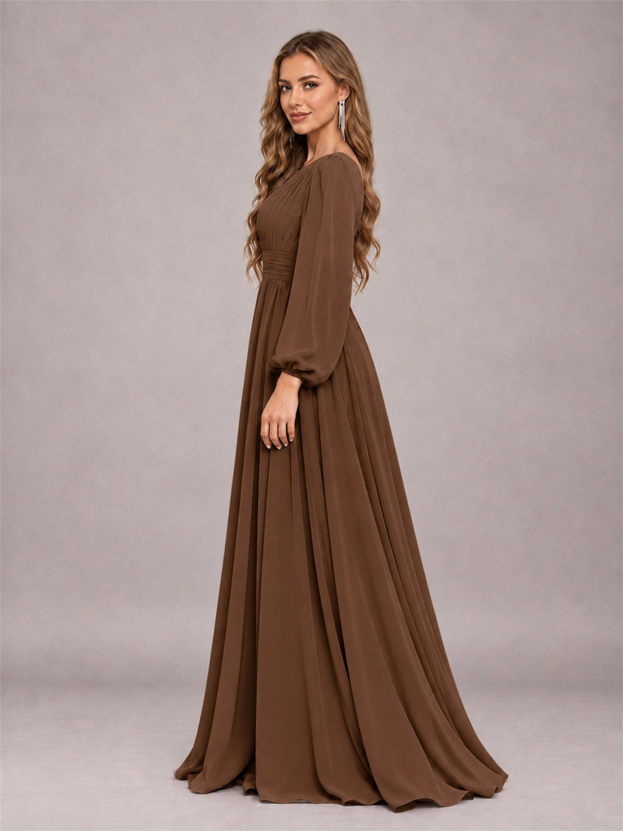 Brown Trendy Long Sleeves Ruched Floor Length Chiffon Bridesmaid Dress