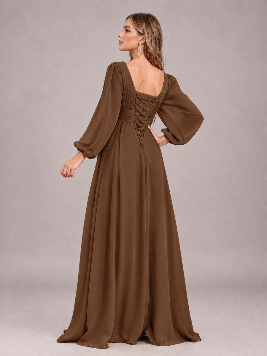 Brown Trendy Long Sleeves Ruched Floor Length Chiffon Bridesmaid Dress