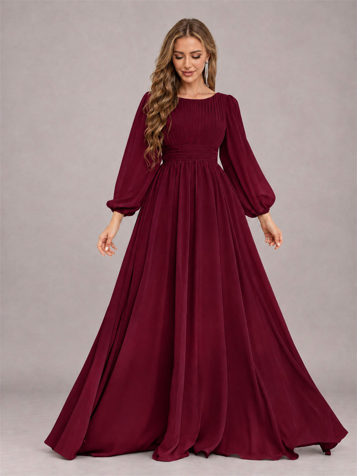 Burgundy Trendy Long Sleeves Ruched Floor Length Chiffon Bridesmaid Dress
