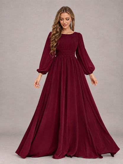 Burgundy Trendy Long Sleeves Ruched Floor Length Chiffon Bridesmaid Dress