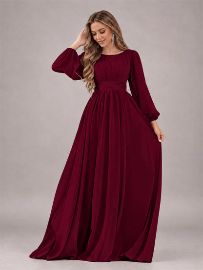 Burgundy Trendy Long Sleeves Ruched Floor Length Chiffon Bridesmaid Dress
