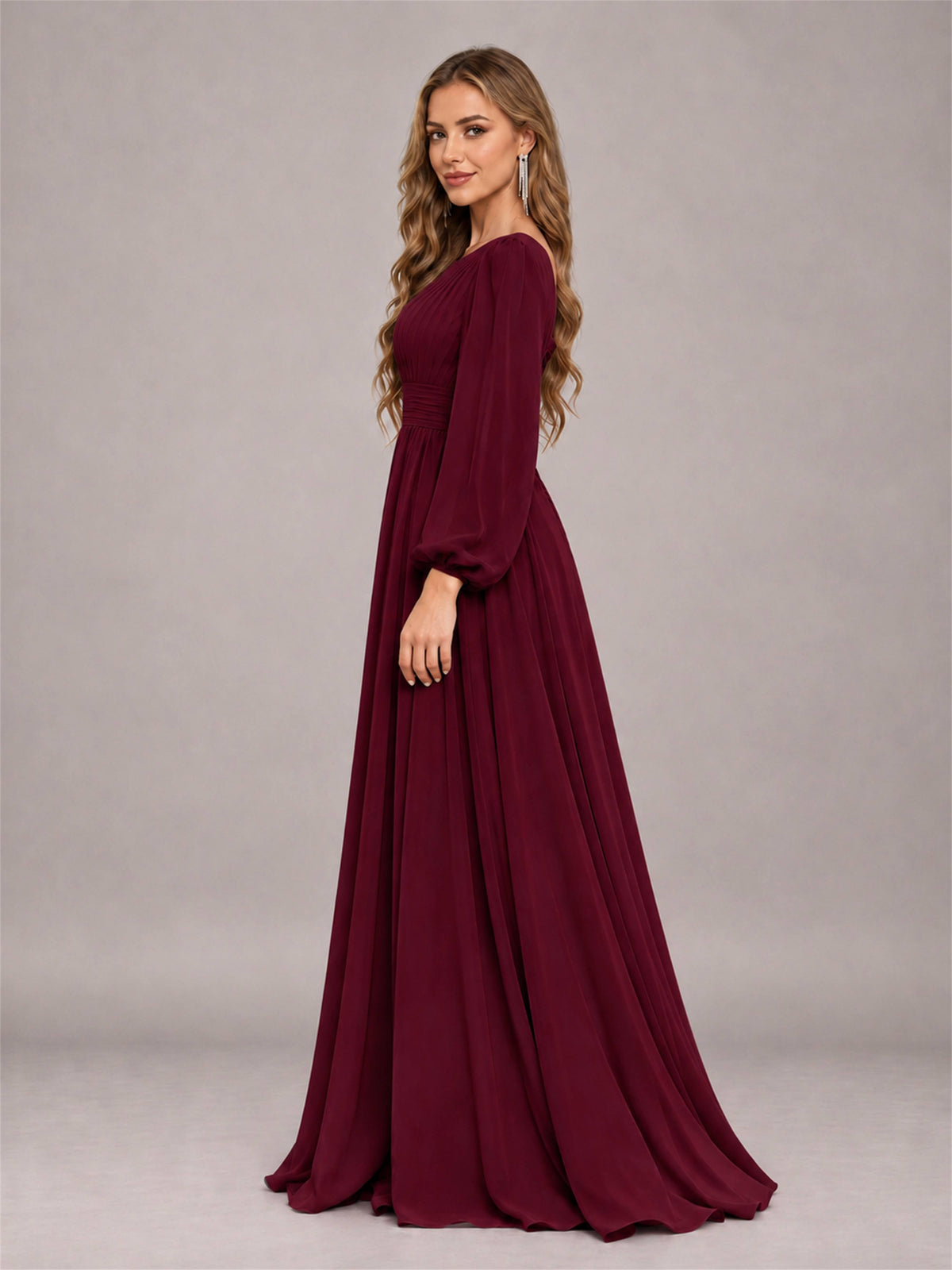 Burgundy Trendy Long Sleeves Ruched Floor Length Chiffon Bridesmaid Dress