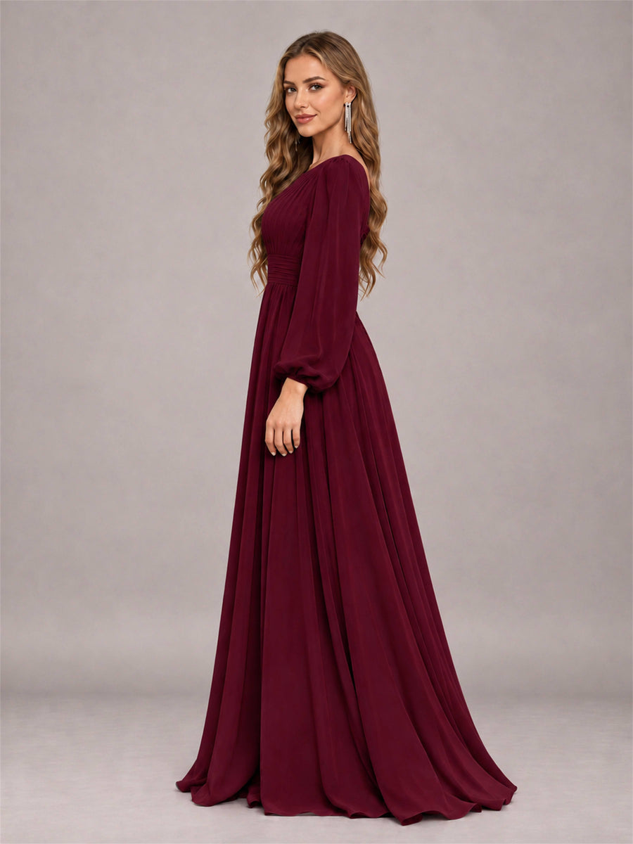 Burgundy Trendy Long Sleeves Ruched Floor Length Chiffon Bridesmaid Dress