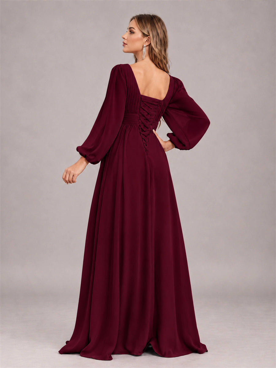 Burgundy Trendy Long Sleeves Ruched Floor Length Chiffon Bridesmaid Dress