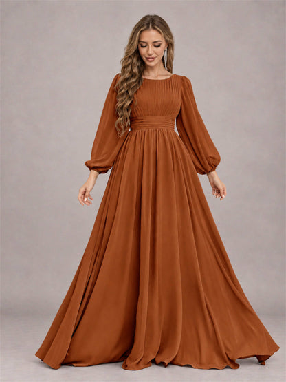 Burnt Orange Trendy Long Sleeves Ruched Floor Length Chiffon Bridesmaid Dress