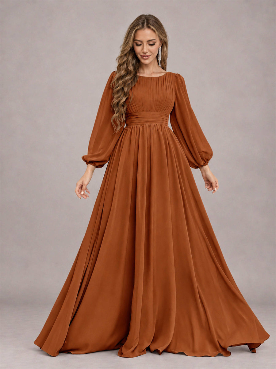 Burnt Orange Trendy Long Sleeves Ruched Floor Length Chiffon Bridesmaid Dress