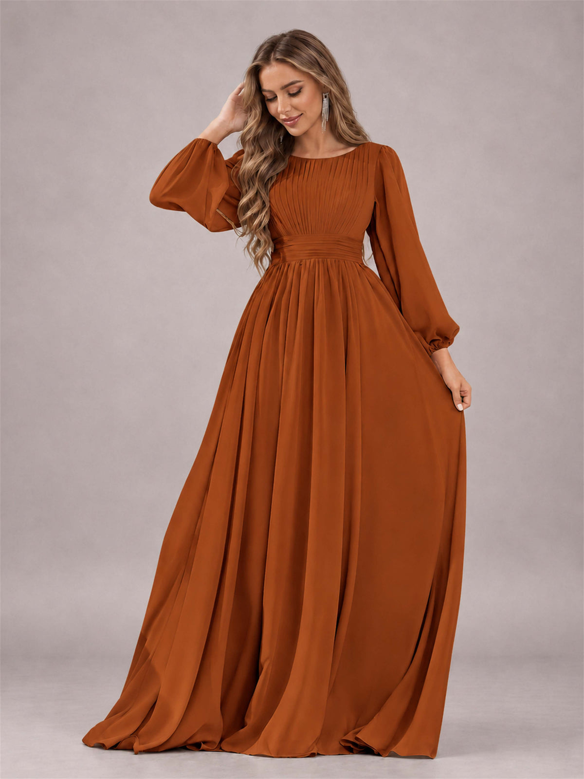 Burnt Orange Trendy Long Sleeves Ruched Floor Length Chiffon Bridesmaid Dress