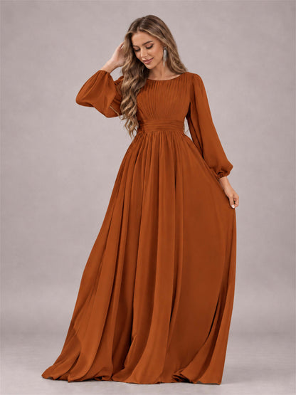 Burnt Orange Trendy Long Sleeves Ruched Floor Length Chiffon Bridesmaid Dress