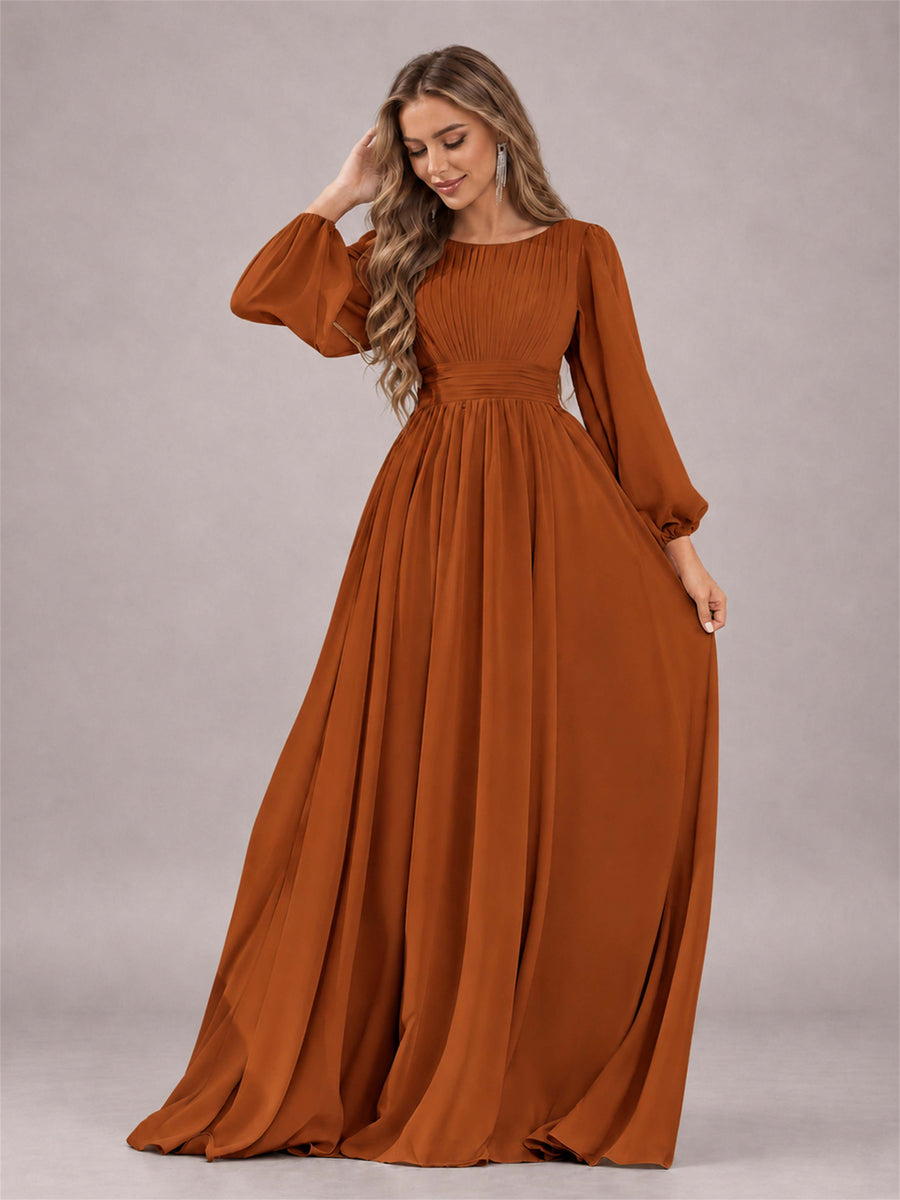 Burnt Orange Trendy Long Sleeves Ruched Floor Length Chiffon Bridesmaid Dress