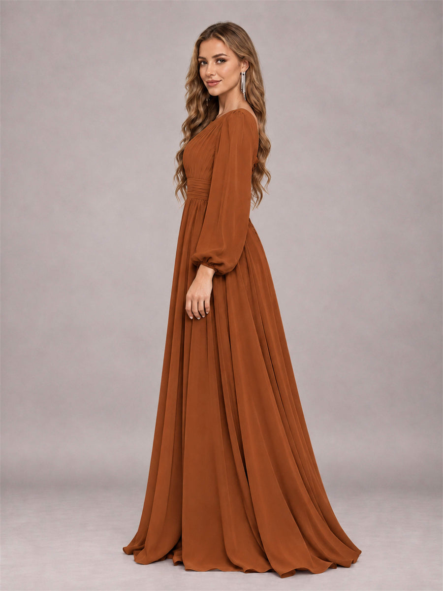 Burnt Orange Trendy Long Sleeves Ruched Floor Length Chiffon Bridesmaid Dress