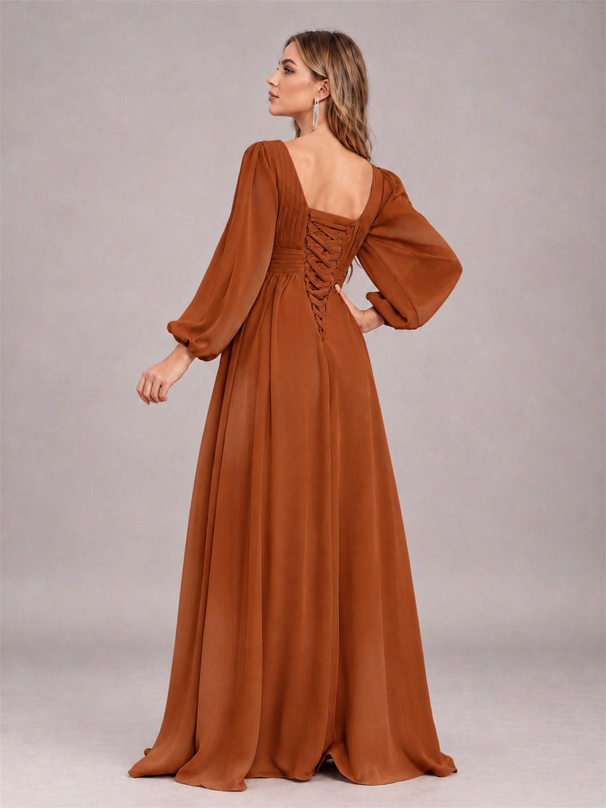 Burnt Orange Trendy Long Sleeves Ruched Floor Length Chiffon Bridesmaid Dress
